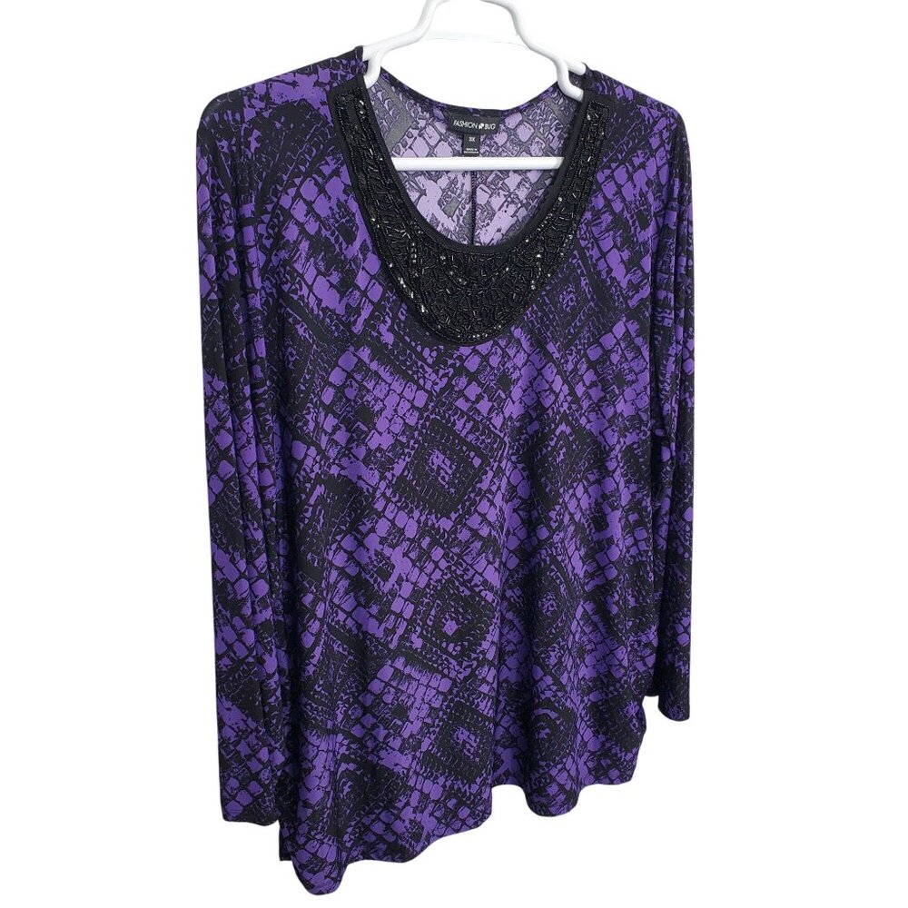 Fashion Bug 3X Tunic Top Long Sleeve Beaded Sequin Neck Diamond Print Stretchy
